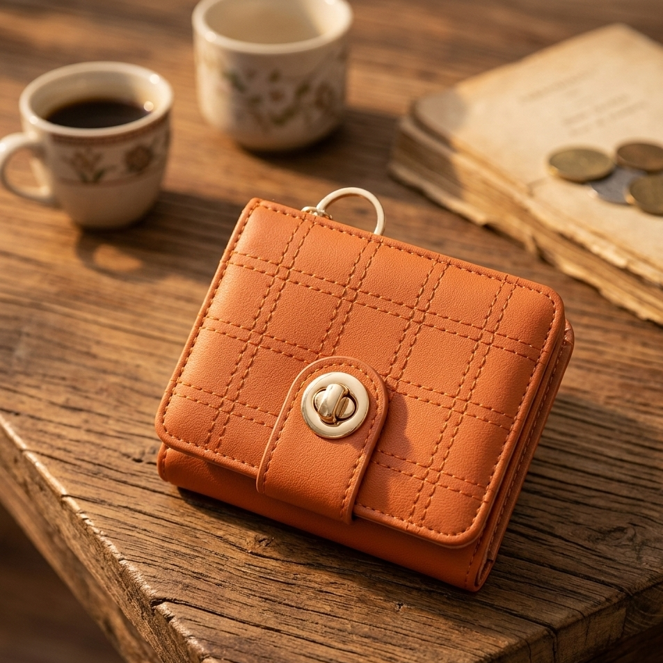 Stylish Compact Check Pattern PU Leather Wallet with Metal Button Closure ~ Camel Brown