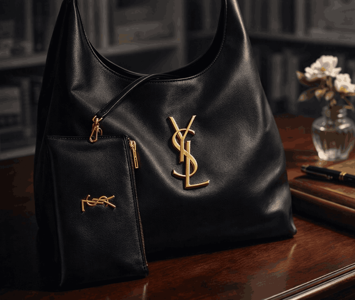 Luxury YSL Imported Tote Bag (Large Capacity) – High-Quality Black Leather Shoulder Bag with Pouch | Premium Designer Bag( without box)