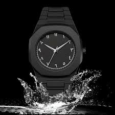 Black Minimalist Analog Wrist Aura Watch With Stainless Steel Strap And Butterfly Lock Non Waterproof